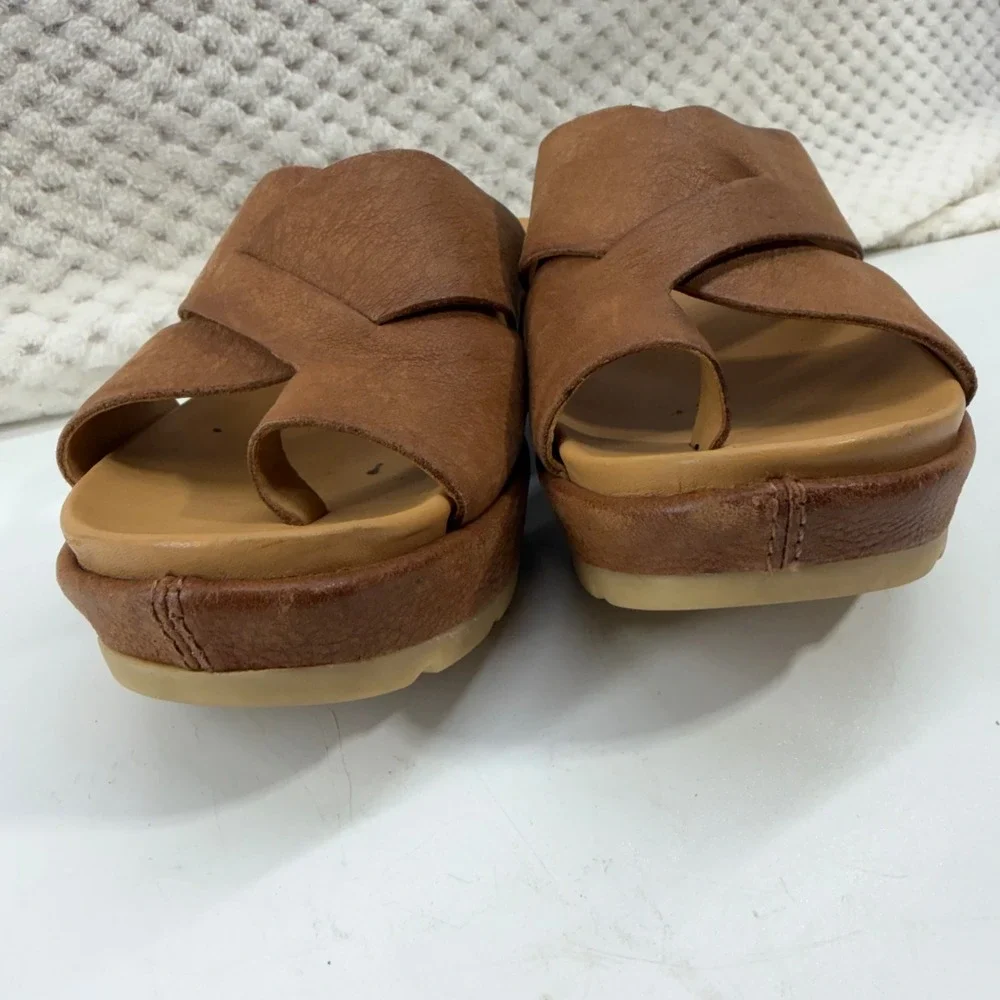 Kork-Ease K66057 Platform Slide Sandals Womens 6 Brown Leather Toe Loop Wedge